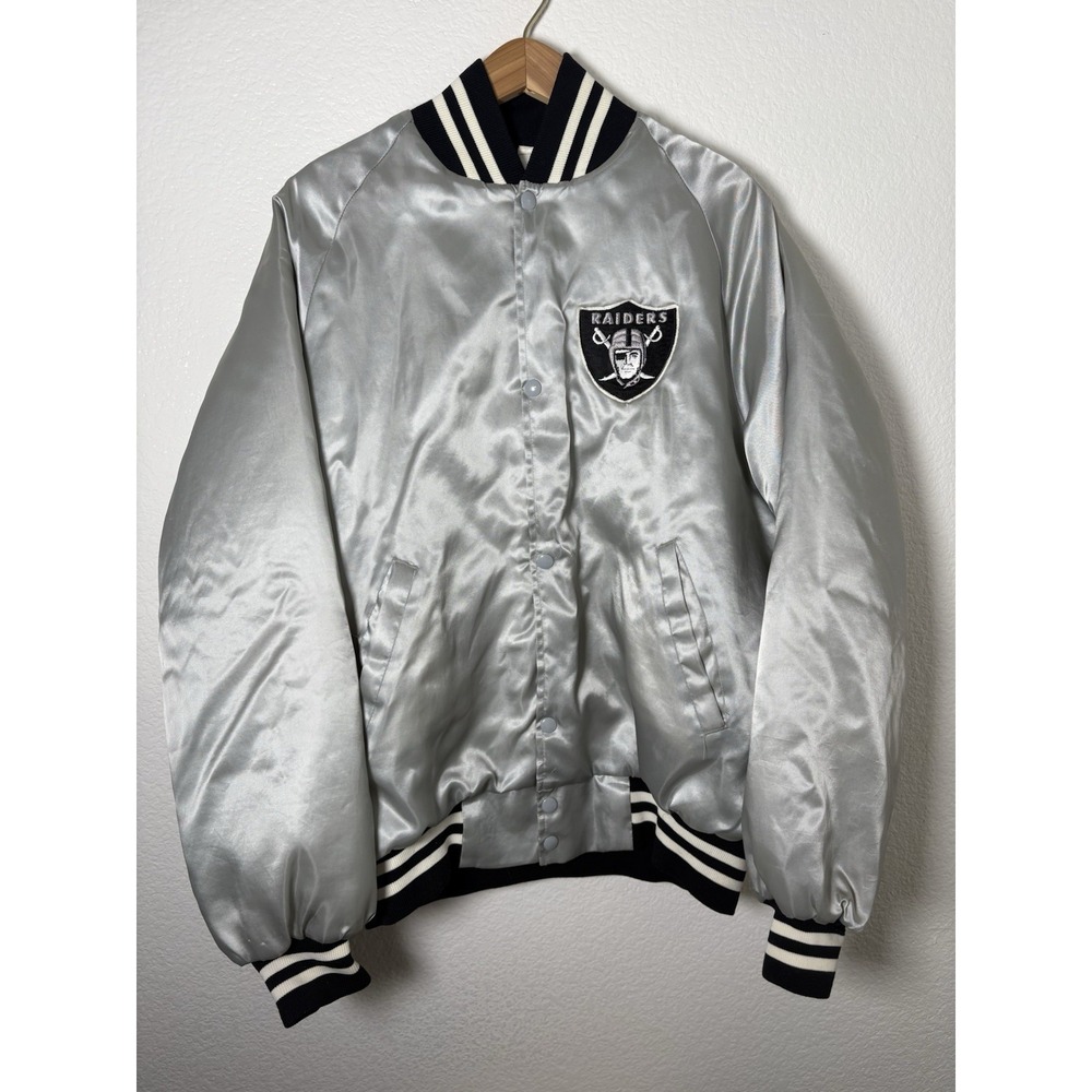 Vintage Oakland Raiders Satin Bomber Jacket Silver Spellout Made in USA L